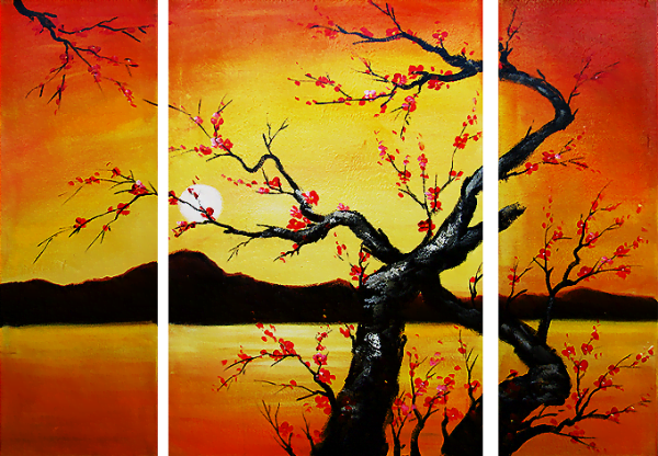 Canvas wall art, wall paintings, artistic paintings, modern paintings, ambient paintings, abstract paintings, decorative wall art, buying and selling paintings - Multi-panel painting, Decorative painting "Japanese Cherry Blossoms V"