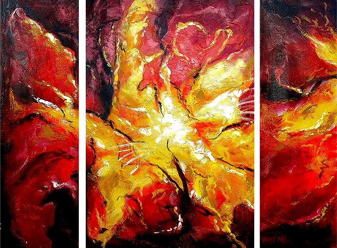 Transition through the Nebula – abstract red and gold flame-like burst on dark crimson, hand-painted decorative triptych oil painting on canvas
