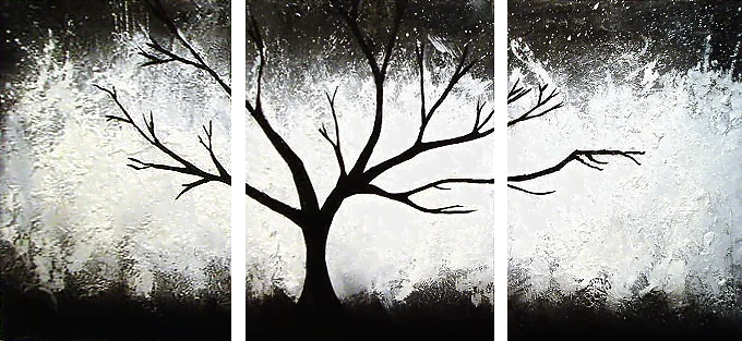 Tree in the night – black bare tree silhouette against a white-and-black textured background, hand-painted ambient triptych oil painting on canvas