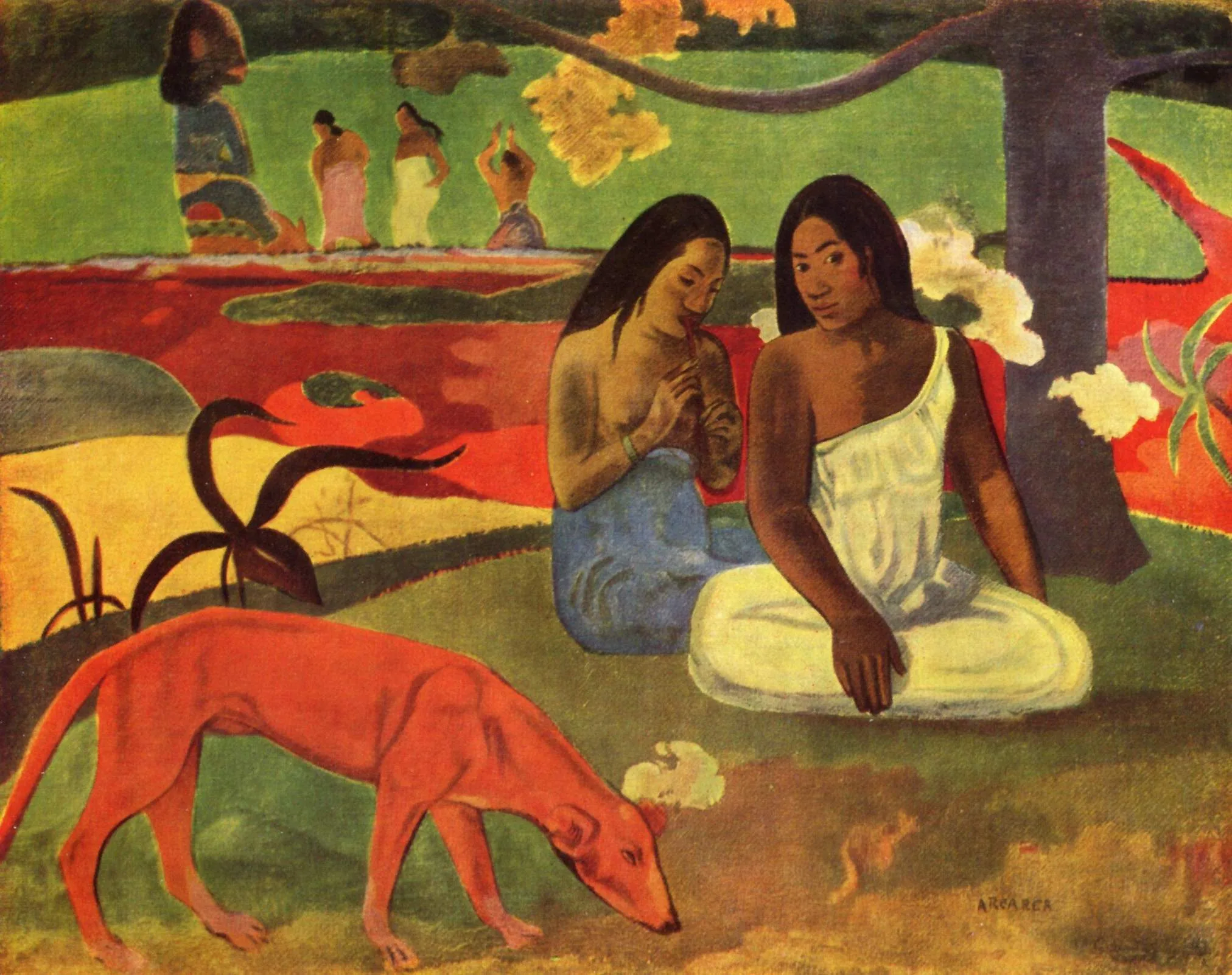 Paul Gauguin – Arearea – zwei polynesische Figuren mit rotem Hund, tropische Landschaft, Ölgemälde auf Leinwand, Reproduktion