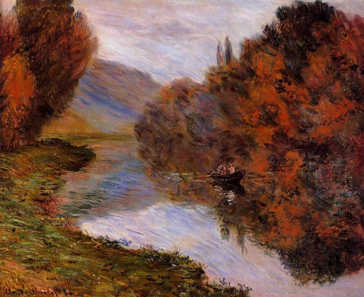 Claude Monet - Barque sur la Seine Jeufosse - reproduction of famous painting by famous artist, hand painted painting on canvas - oil painting