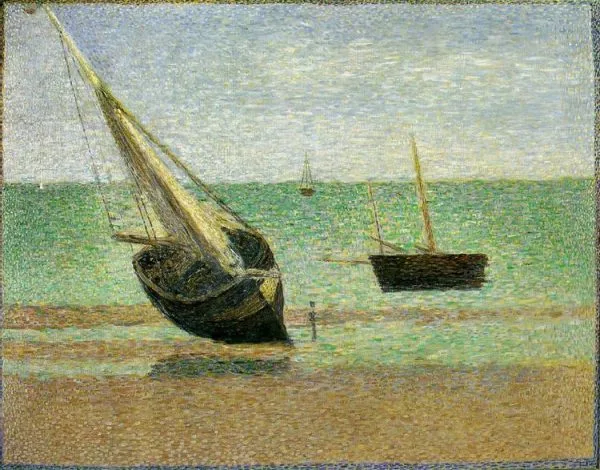 Georger Seurat - Boats, Low Tide, Grandcamp - Reprodukcije slikarjev, ročno naslikane stenske slike, olje na platnu, oljne slike, umetniške slike, moderne slike za na steno, ambientalne slike, abstraktne slike, dekorativne slike