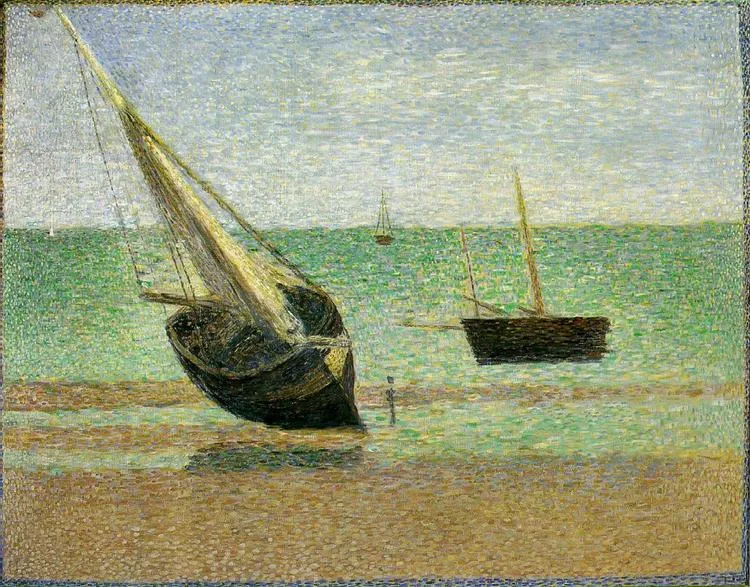 Georger Seurat - Boats, Low Tide, Grandcamp - Reprodukcije slikarjev, ročno naslikane stenske slike, olje na platnu, oljne slike, umetniške slike, moderne slike za na steno, ambientalne slike, abstraktne slike, dekorativne slike