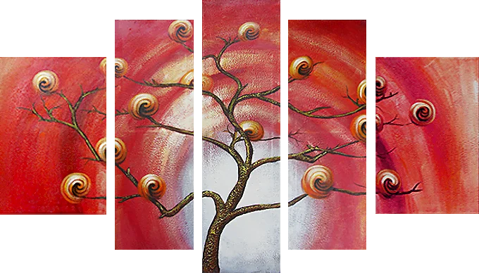 Albero in fiore – albero con fiori a spirale su rosso e argento radianti, decorativo dipinto a mano a cinque pannelli, olio su tela