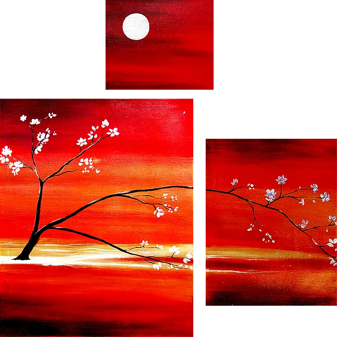 Peace – blossom branch and white moon against a red sky, hand-painted decorative four-panel oil painting on canvas