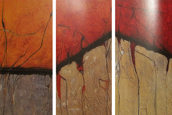 Meaning II – orange and red over textured grey-beige stone with thin branches, hand-painted decorative triptych oil painting on canvas