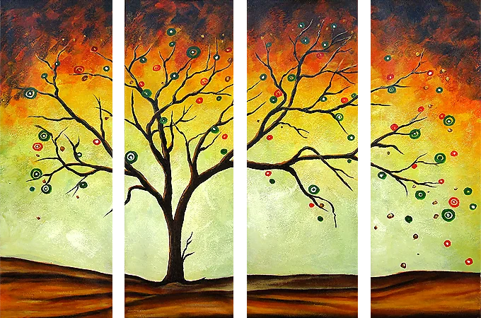 Secret – bare tree with red and green dot ornaments on orange-yellow, hand-painted four-panel oil painting on canvas