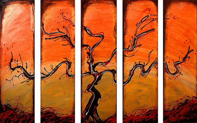 Albero della Vita – albero spoglio contorto su tramonto arancione sopra primo piano rosso, dipinto a mano a cinque pannelli, olio su tela