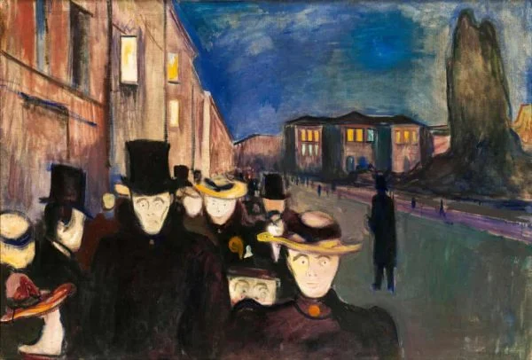 Edvard Munch – Večer na Karl Johan – množica na nočni ulici, dramatična osvetlitev, umetniška slika na platnu, reprodukcija