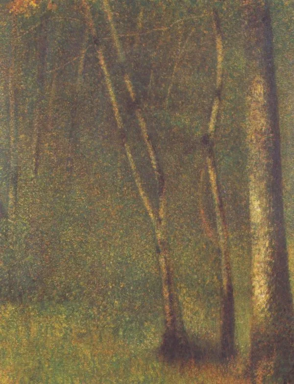 Stenske slike na platnu - Georger Seurat - In the Woods at Pontaubert - Ročno slikane slike, reprodukcije slik znanih slikarjev, olje na platnu, oljne slike, moderne stenske slike, umetniške slike za na steno, ambientalne, abstraktne, dekorativne stenske slike
