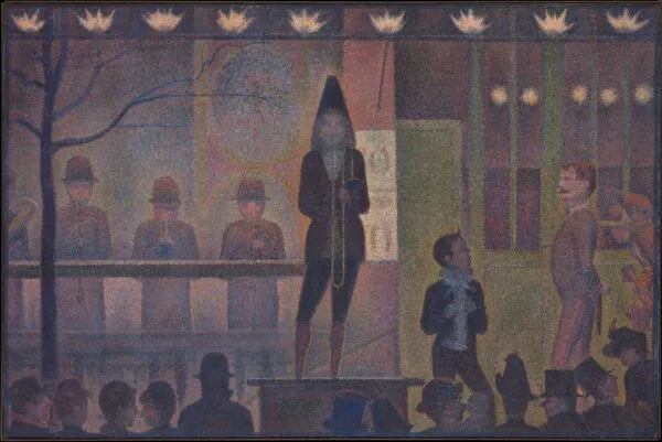 Stenske slike na platnu - Georger Seurat - Invitation to the Sideshow (La Parade de Cirque) - Ročno slikane slike, reprodukcije slik znanih slikarjev, olje na platnu, oljne slike, moderne stenske slike, umetniške slike za na steno, ambientalne, abstraktne, dekorativne stenske slike
