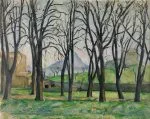 Paul Cézanne – Jas de Bouffan, a row of bare chestnut trunks across the meadow, a house at the left, blue hills behind, hand-painted oil reproduction