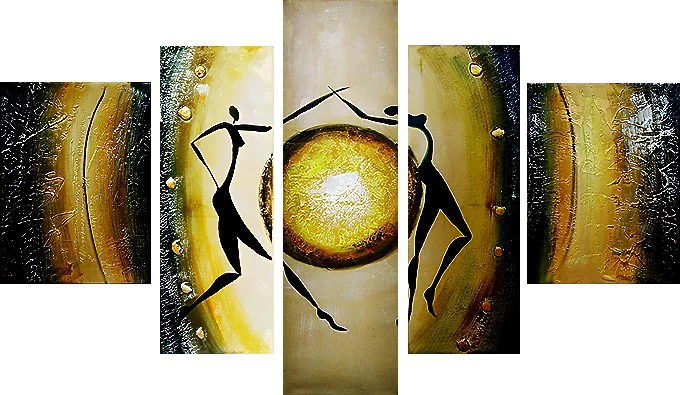 Kreis der Hoffnung – zwei schwarze tanzende Figuren um einen goldenen Kreis auf Beige, handgemaltes modernes fünfteiliges Ölgemälde auf Leinwand