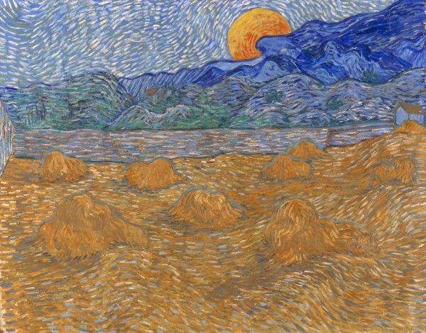 Stenske slike na platnu - Vincent Van Gogh - Landscape with Wheat Sheaves and Rising Moon - Ročno slikane slike, reprodukcije slik znanih slikarjev, olje na platnu, oljne slike, moderne stenske slike, umetniške slike za na steno, ambientalne, abstraktne, dekorativne stenske slike