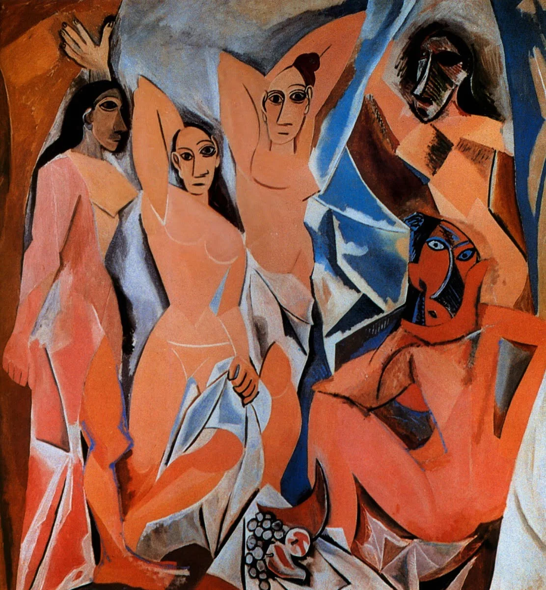 Pablo Picasso – Gospodične iz Avignona – pet figur, kubistični slog, rožnati toni, umetniška slika na platnu, reprodukcija