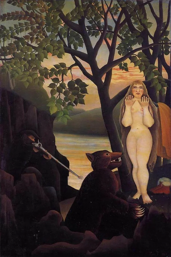 Slike na platnu - Henri Rousseau - Mauvaise surprise - Ročno slikane slike, reprodukcije slik znanih slikarjev, olje na platnu, oljne slike, moderne stenske slike, umetniške slike za na steno, ambientalne, abstraktne, dekorativne stenske slike
