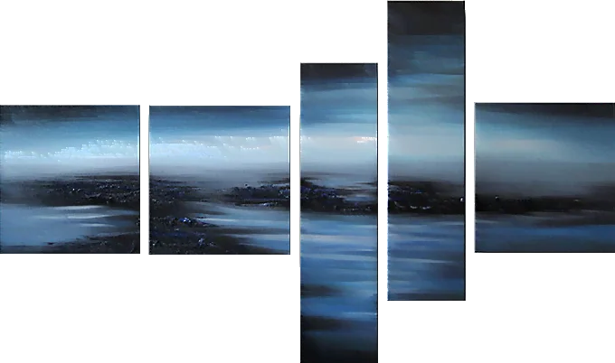 Küste – minimalistisches blaues Meeresbild mit Horizont und ruhigem Wasser, handgemaltes modernes fünfteiliges Ölgemälde auf Leinwand