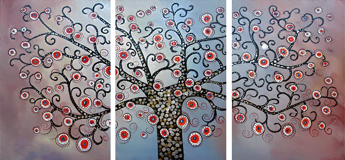 Baum des Lebens IV – wirbelnder Baum mit rot-weißen Kreisblüten auf Graumauve, handgemaltes dekoratives dreiteiliges Ölgemälde auf Leinwand