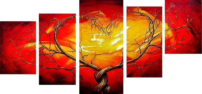 Glück I – zwei verschlungene Bäume um ein leuchtend gelbes Zentrum auf Rot, handgemaltes fünfteiliges Ölgemälde auf Leinwand