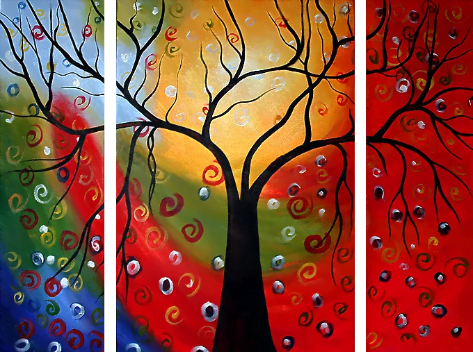 Übergang – kahler Baum mit Spiralpunkten über regenbogenfarbenem Hintergrund, handgemaltes dreiteiliges Ölgemälde auf Leinwand