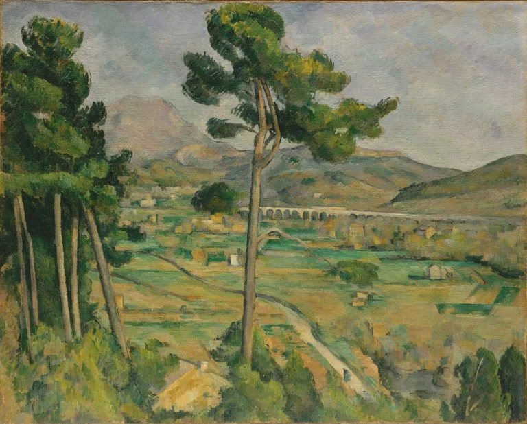 Paul Cézanne – Mont Sainte-Victoire, pines frame the valley, the viaduct below, Mont Sainte-Victoire beyond, canvas painting reproduction