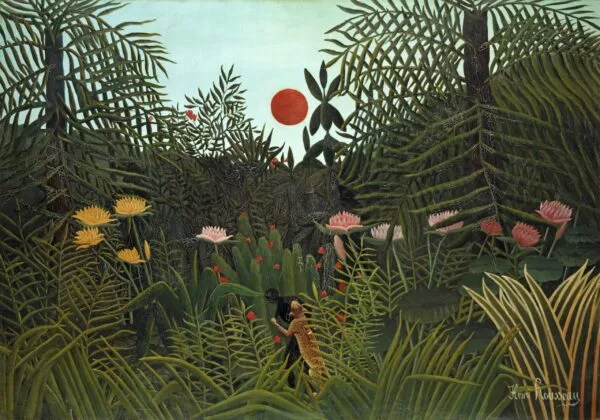 Slike na platnu - Henri Rousseau (Le Douanier); Forêt vierge au soleil couchant; um 1910) - Ročno slikane, reprodukcije slik znanih slikarjev, olje na platnu, moderne stenske slike, umetniške slike za na steno, ambientalne, abstraktne, dekorativne stenske slike