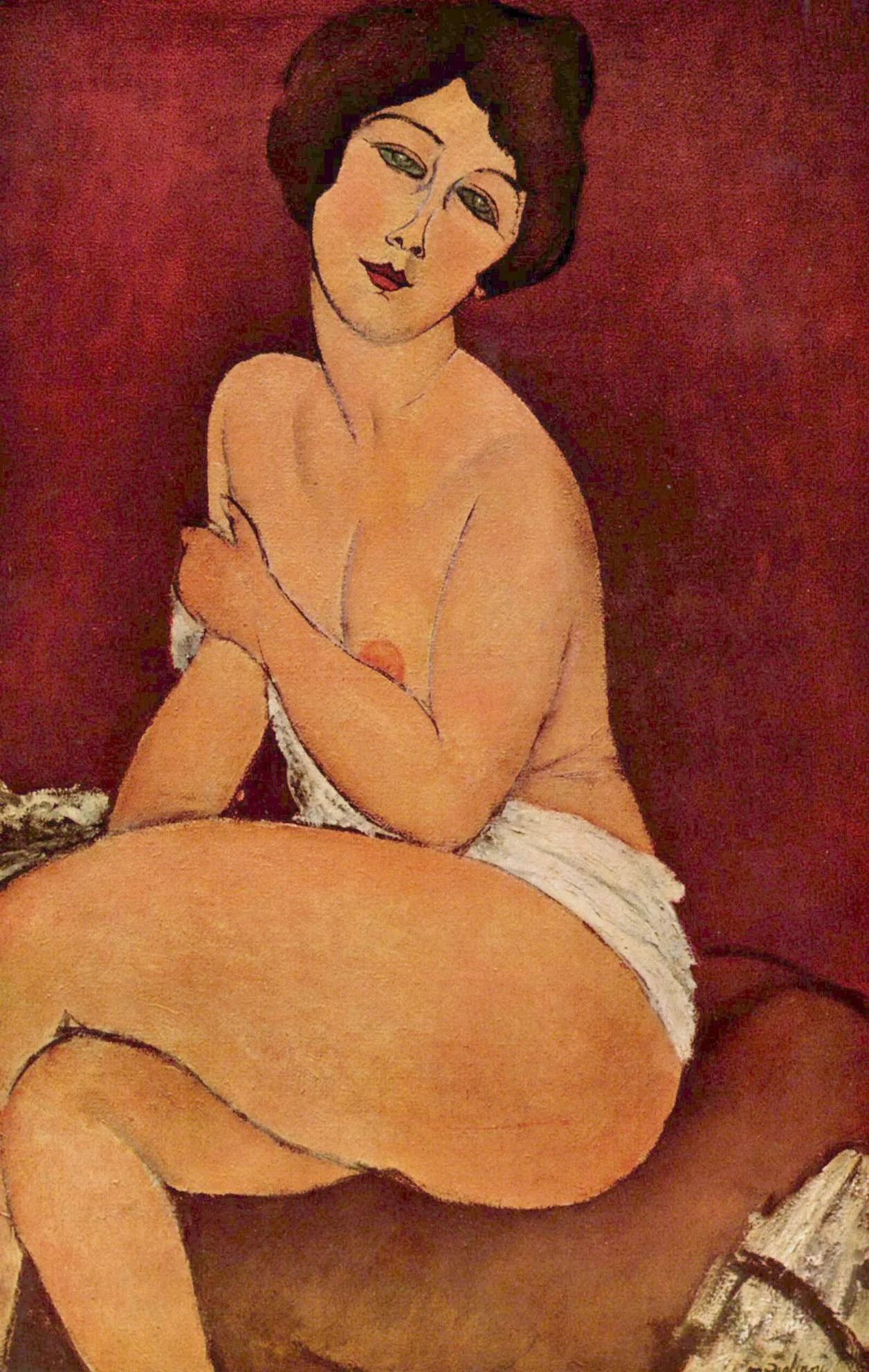 Amedeo Modigliani – Sedeči akt na divanu – sedeča figura, zemeljski toni, umetniška slika na platnu, reprodukcija