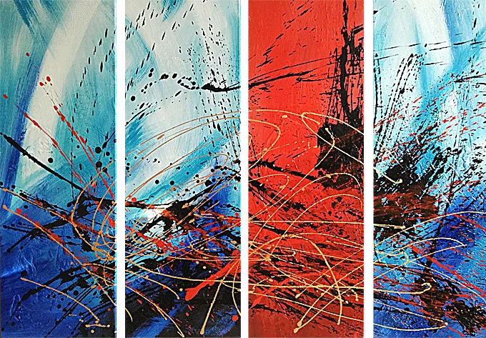 Orizzonte II – astratto, campi blu e rossi con linee schizzate e gocce, dipinto a mano a quattro pannelli, olio su tela