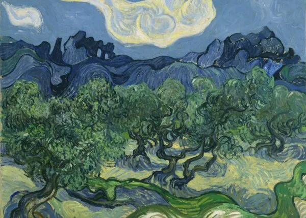 Vincent van Gogh – Oljke z gorami – zavita debla in zelene krošnje, gore v ozadju, umetniška slika na platnu, reprodukcija