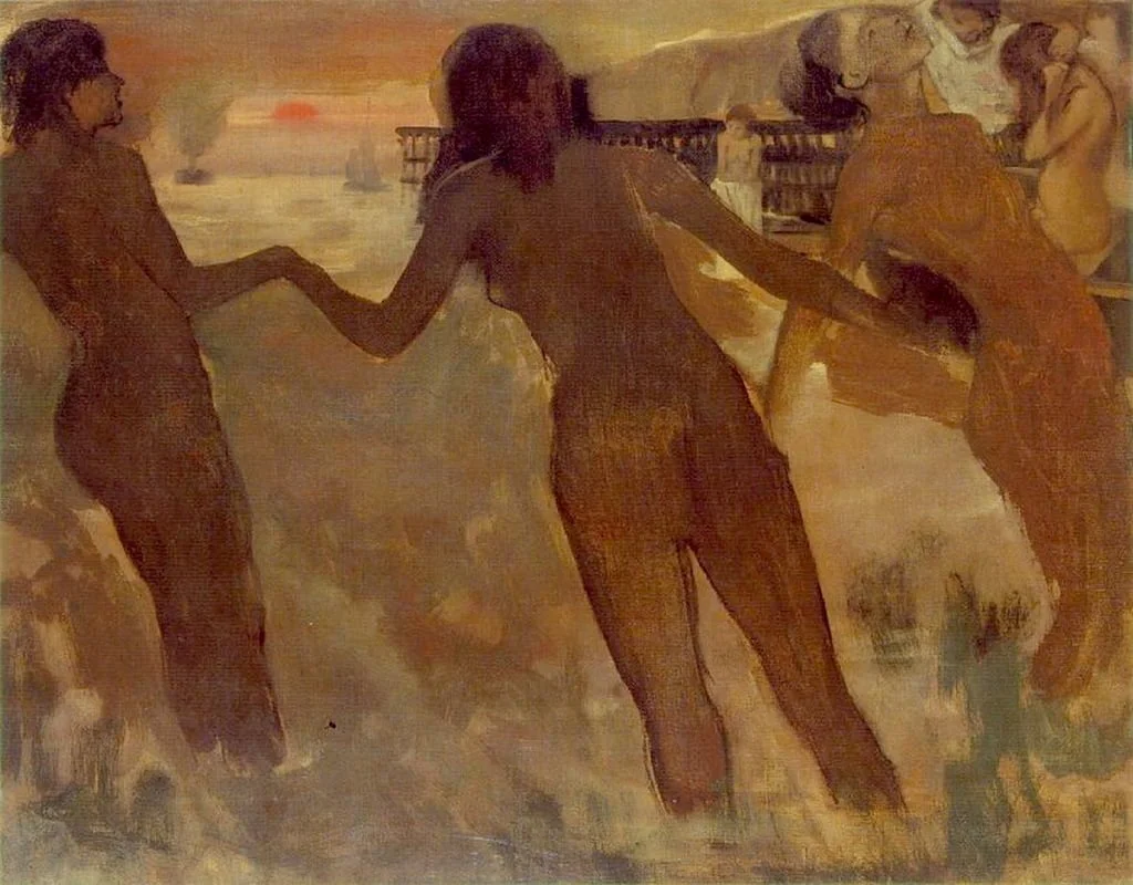 Edgar Degas – Mädchen am Meer – drei Figuren bei Sonnenuntergang, Erdtöne, Ölgemälde auf Leinwand, Reproduktion