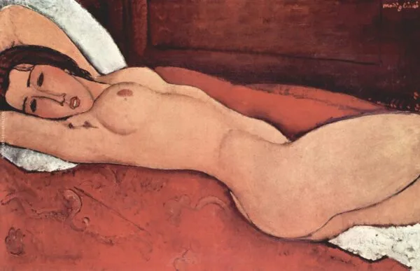 Amedeo Modigliani – Ležeči akt II – ležeča figura, topli zemeljski toni, umetniška slika na platnu, reprodukcija