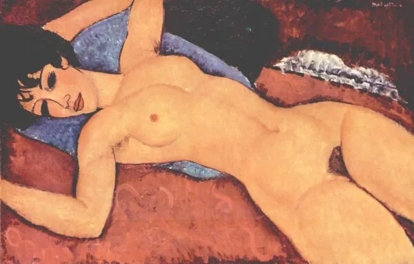 Amedeo Modigliani – Rdeči akt – ležeča figura s temnimi lasmi, toplo rdeče ozadje, umetniška slika na platnu, reprodukcija