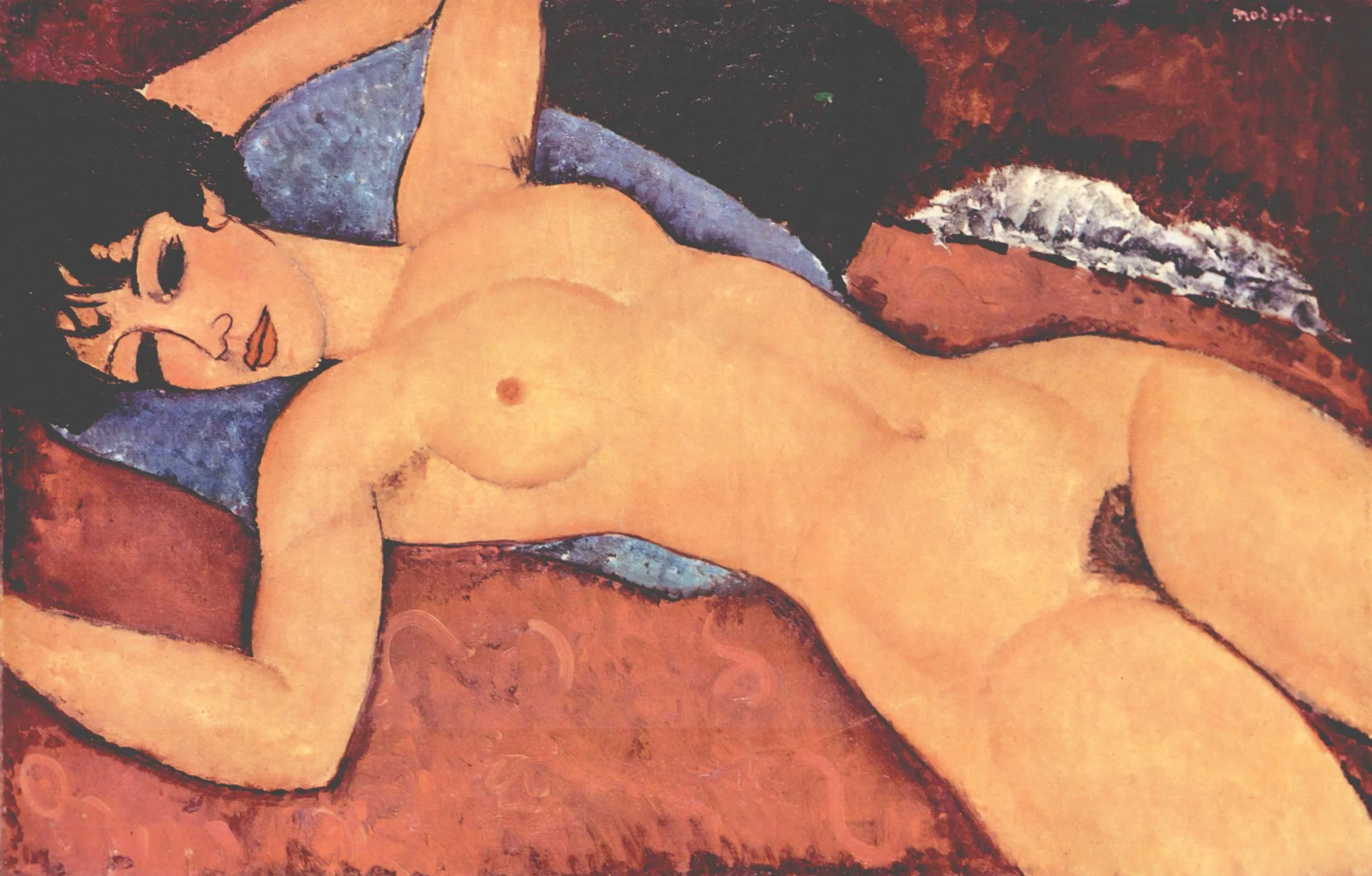 Amedeo Modigliani – Rdeči akt – ležeča figura s temnimi lasmi, toplo rdeče ozadje, umetniška slika na platnu, reprodukcija