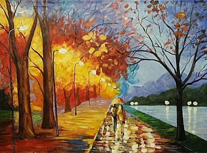 Šetnja u kiši - umjetnička slika - Moderne slike na platnu