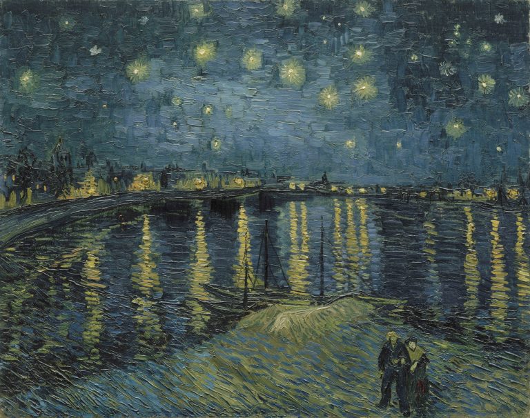 Vincent van Gogh – Notte stellata sul Rodano – fiume notturno, stelle riflesse, toni blu, riproduzione dipinta a mano su tela