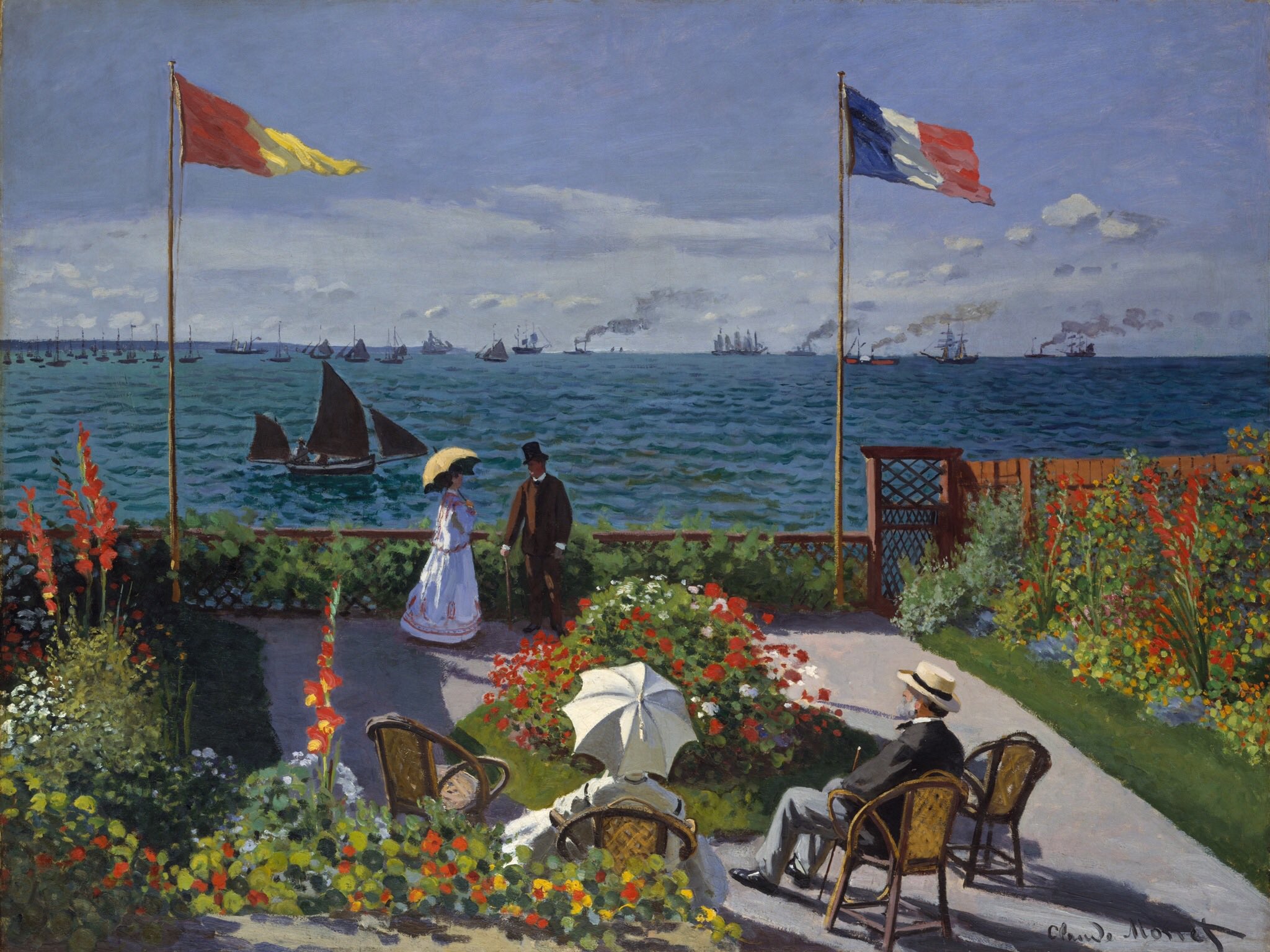 Claude Monet – Terasz Sainte-Adresse-ben – virágos terasz zászlókkal, hajók a háttérben, reprodukció vászonra