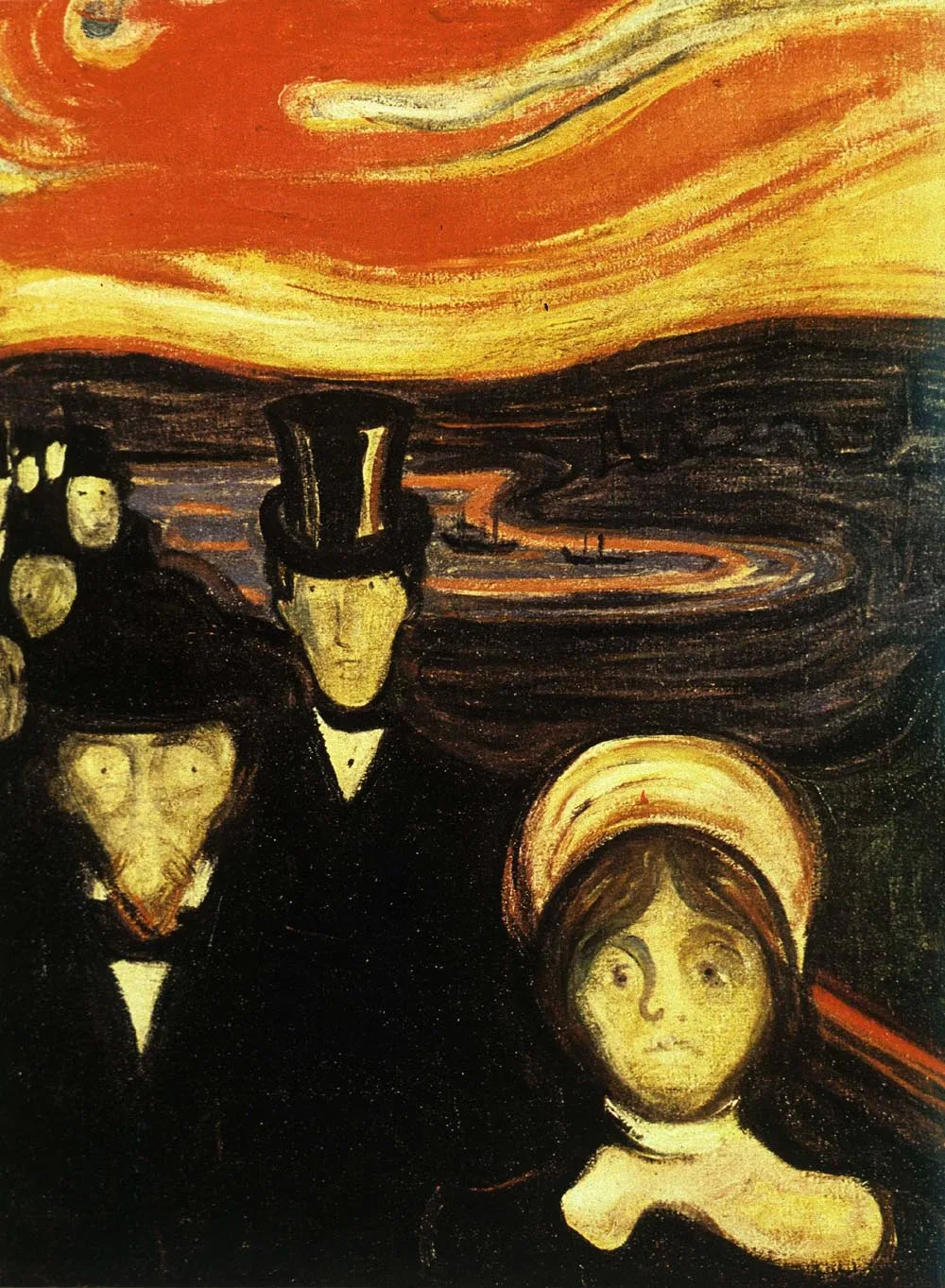 Edvard Munch – L'angoscia – figure ansiose davanti a un cielo rosso, espressionismo, riproduzione dipinta a mano su tela