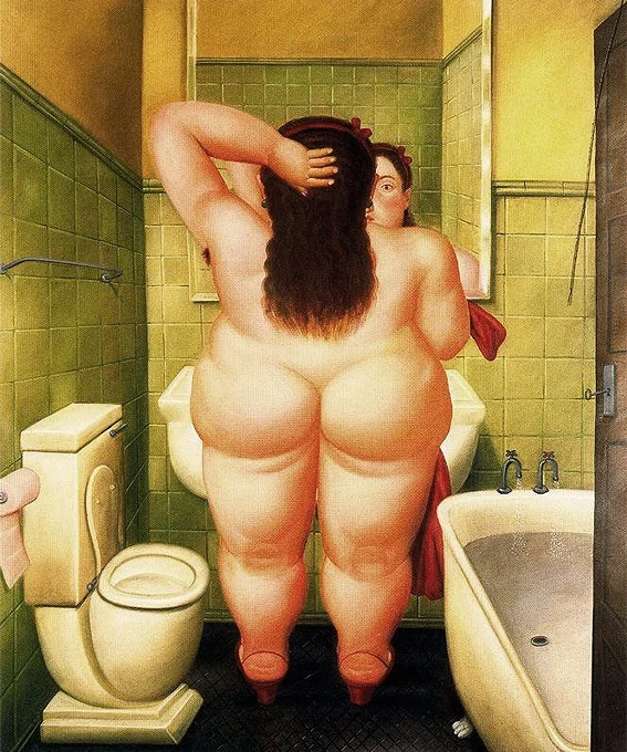 Fernando Botero - The Bathroom - Ročno naslikane reprodukcije znanih slikarjev, moderne stenske slike, umetniške slike za na steno