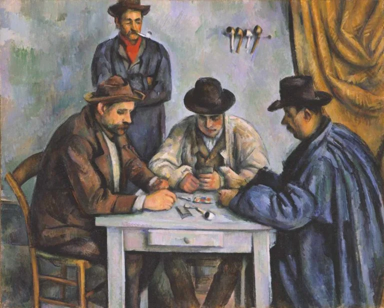 Paul Cézanne – The Card Players (Metropolitan), four men at a table with a fifth standing behind, a yellow curtain and pipes on the wall, hand-painted oil reproduction