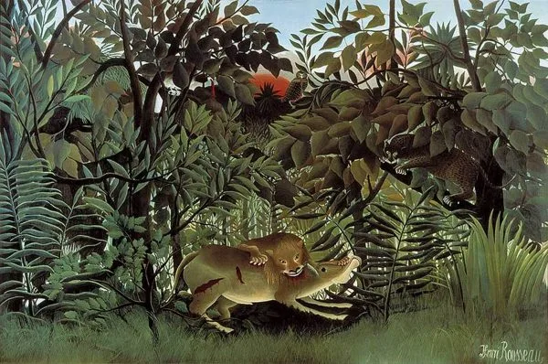 Henri Rousseau - Il Leone Affamato si Scaglia sull'Antilope - Riproduzioni dipinte a mano di famosi pittori, quadri moderni, quadri artistici per parete
