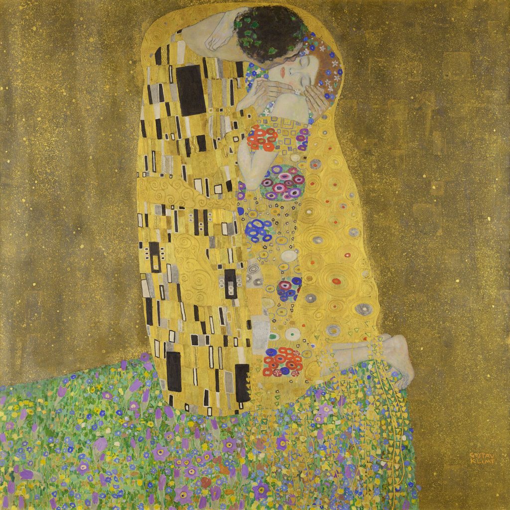 Gustav Klimt – Poljubac – par u zlatnom zagrljaju, zlatni i cvjetni uzorci, ručno slikana reprodukcija na platnu