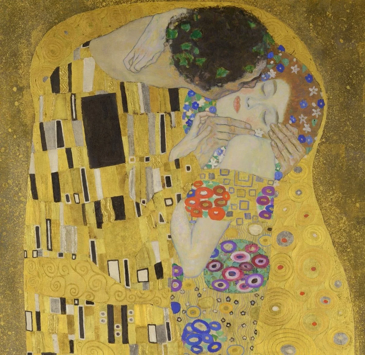 Gustav Klimt – Der Kuss (Detail) – Paar in goldener Umarmung, ornamentale Muster, Ölgemälde auf Leinwand, Reproduktion