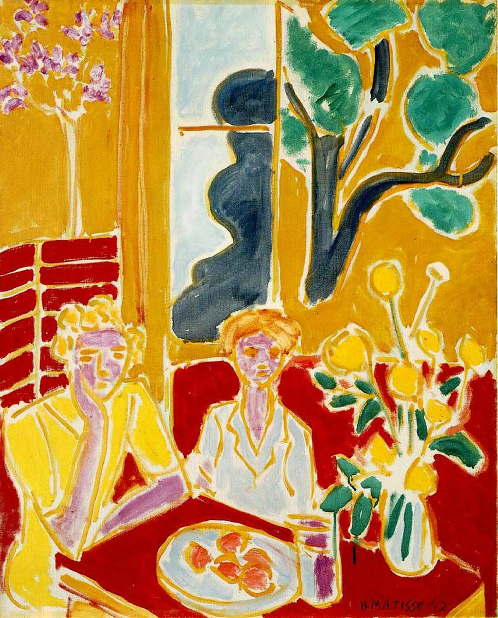 Matisse Two-Girls-in-a-Yellow-and-Red-Interior Ročno naslikane reprodukcije znanih slikarjev, moderne stenske slike, umetniške slike za na steno