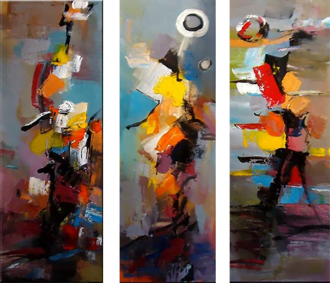 Abstract 3 – colourful palette-knife abstract in multicoloured blocks, hand-painted abstract triptych oil painting on canvas