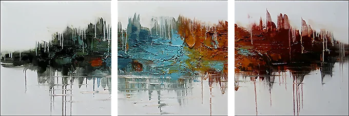 Composito – forme di terra astratte testurizzate riflesse in verde-azzurro e arancione, trittico dipinto a mano, olio su tela