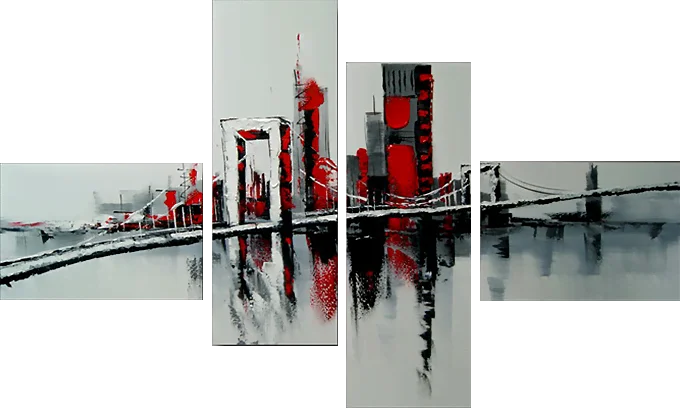 Brücke – rot-schwarz-weiße Stadtsilhouette und Brücke, im Wasser gespiegelt, handgemaltes vierteiliges Ölgemälde auf Leinwand