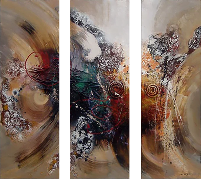 Ispirazion – astrazione beige-marrone vorticosa con cerchi rossi e schizzi, trittico dipinto a mano, olio su tela