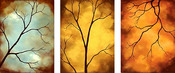 Ramificazioni degli alberi – rami spogli d'albero su cieli blu, oro e ambra, trittico dipinto a mano, olio su tela