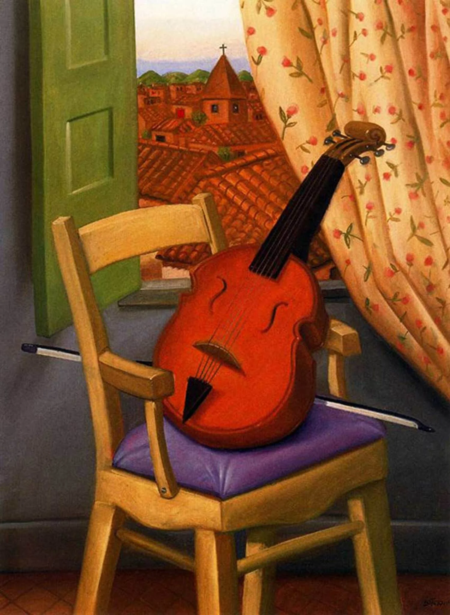 Fernando Botero Violin-on-the-chair Ročno naslikane reprodukcije znanih slikarjev, moderne stenske slike, umetniške slike za na steno
