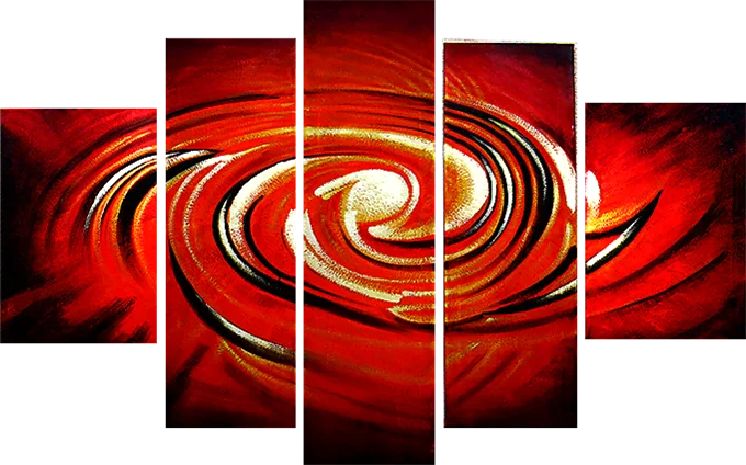 Vortex – red field with central gold and white spiral swirl, hand-painted modern five-panel oil painting on canvas
